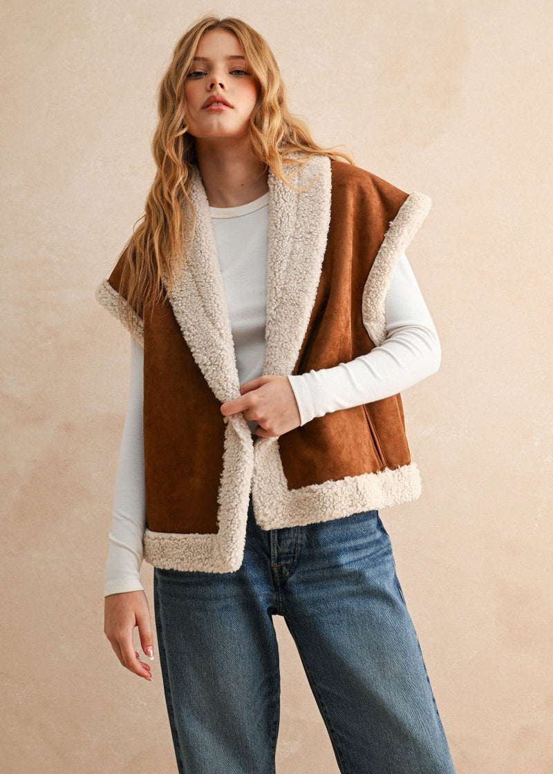 Cowboy Sherpa Contrast Vest - Brown