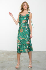 Florence Tie Strap Midi Dress - Green Floral