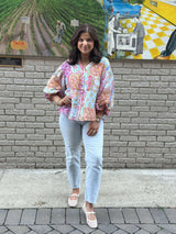 Patchwork Bubble Sleeve Blouse - Blue/Pink Multi