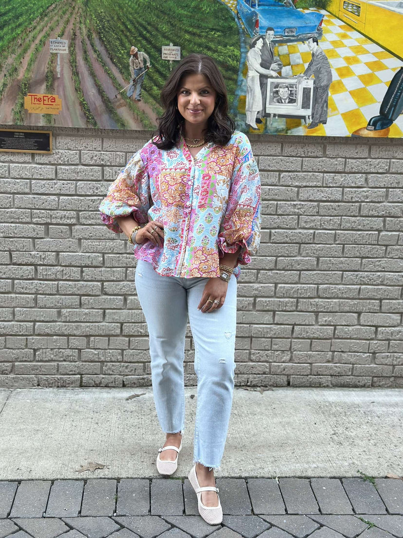 Patchwork Bubble Sleeve Blouse - Blue/Pink Multi