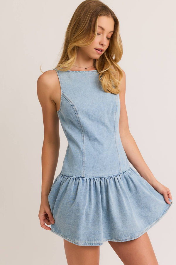 Shauna Boat Neck Denim Dress - Light Denim