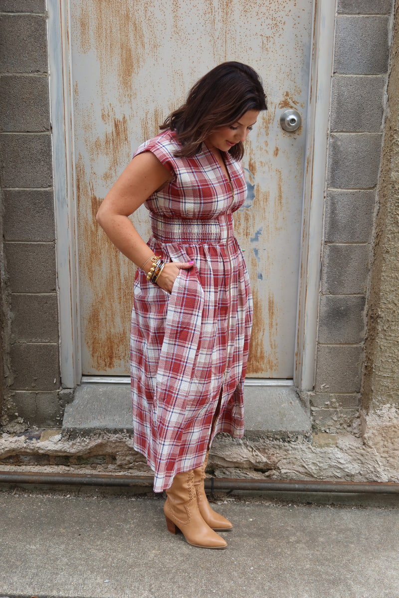 Lilly Gingham Midi Dress - Brick