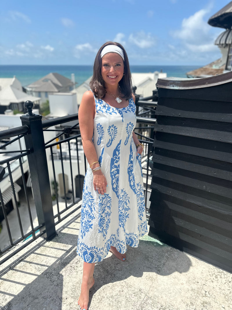 Nantucket Print Midi Dress - Blue