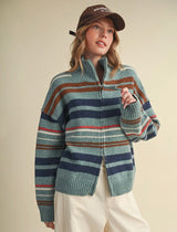 Sadie Striped Zip Up Cardi - Turquoise Multi