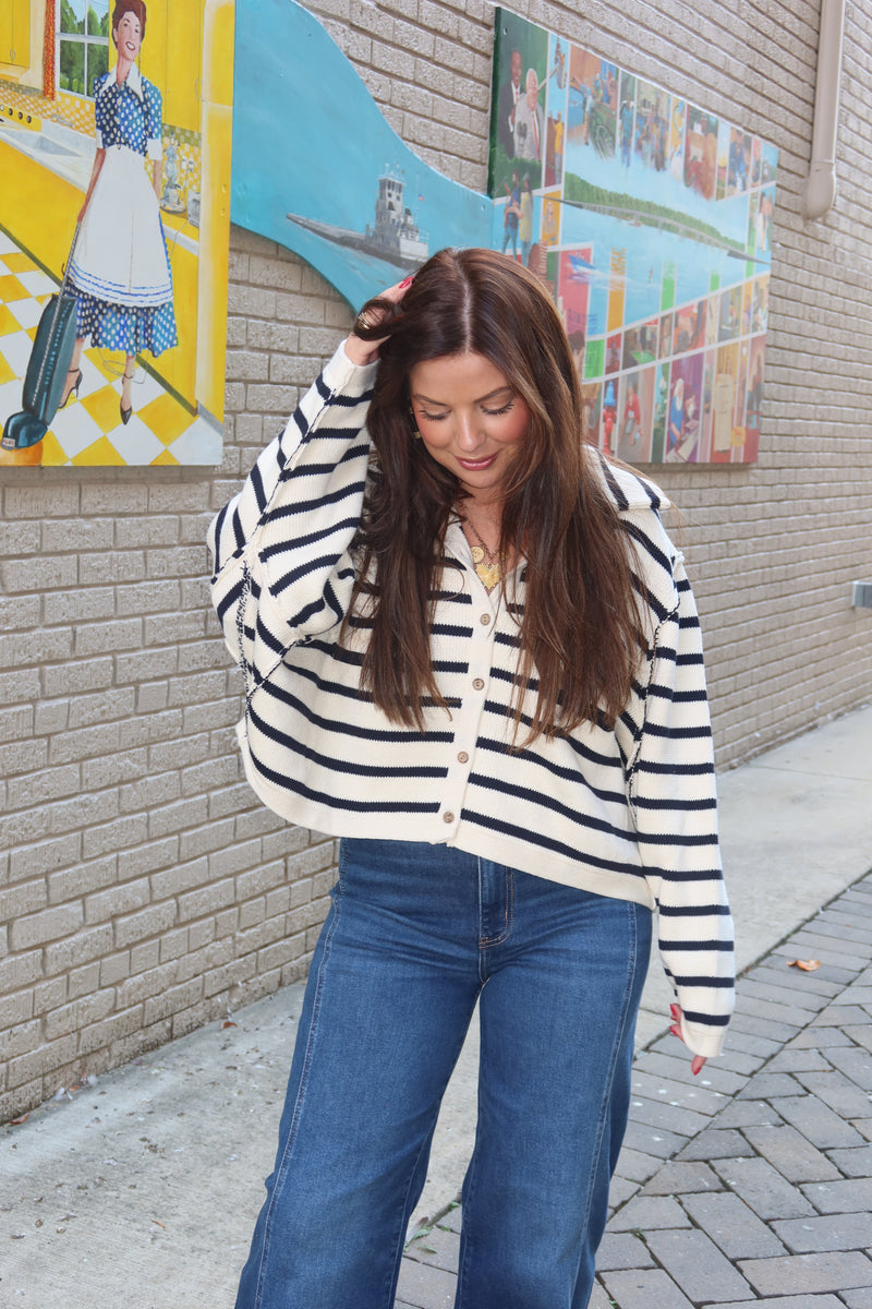 Bambi Stripe Knitted Cardigan - White/Navy