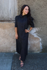 Nina Ruffle Collar Midi Shirt Dress - Black Pin Stripe