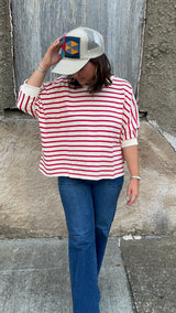 Billie Boxy Knit Top - Ecru/Red