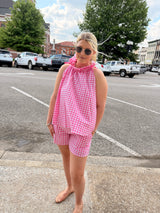 Adrienne | Bridget Ruffle Tie Neck Top - Pink Seer Gingham