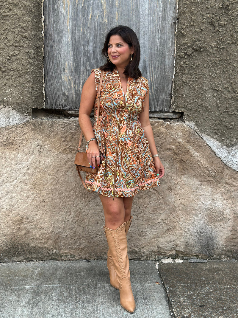 Remy Aztec Zip Front Dress - Rust Multi