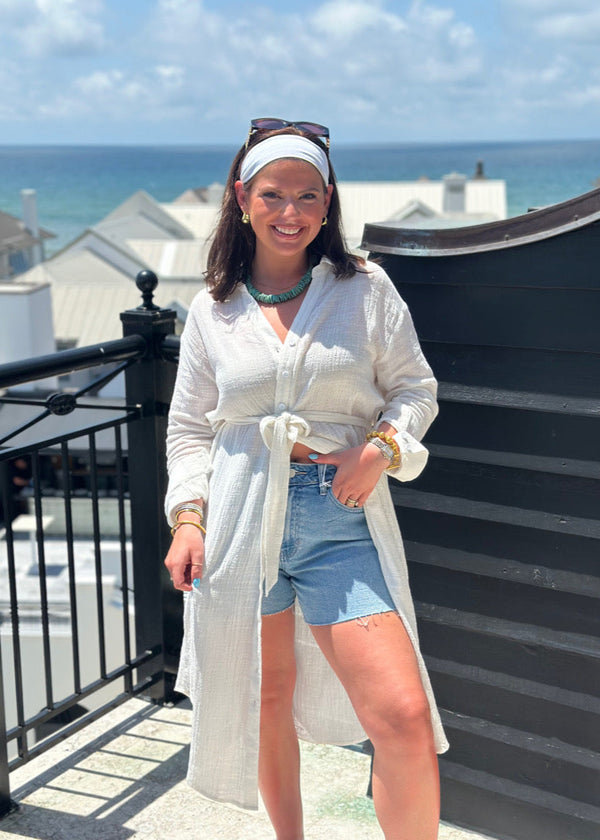 So Cal Button Up Duster Shirt Dress - White