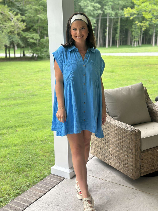Elan | Sutton Oversized Button Down Dress - Sky Blue