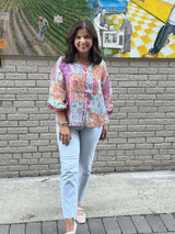 Patchwork Bubble Sleeve Blouse - Blue/Pink Multi