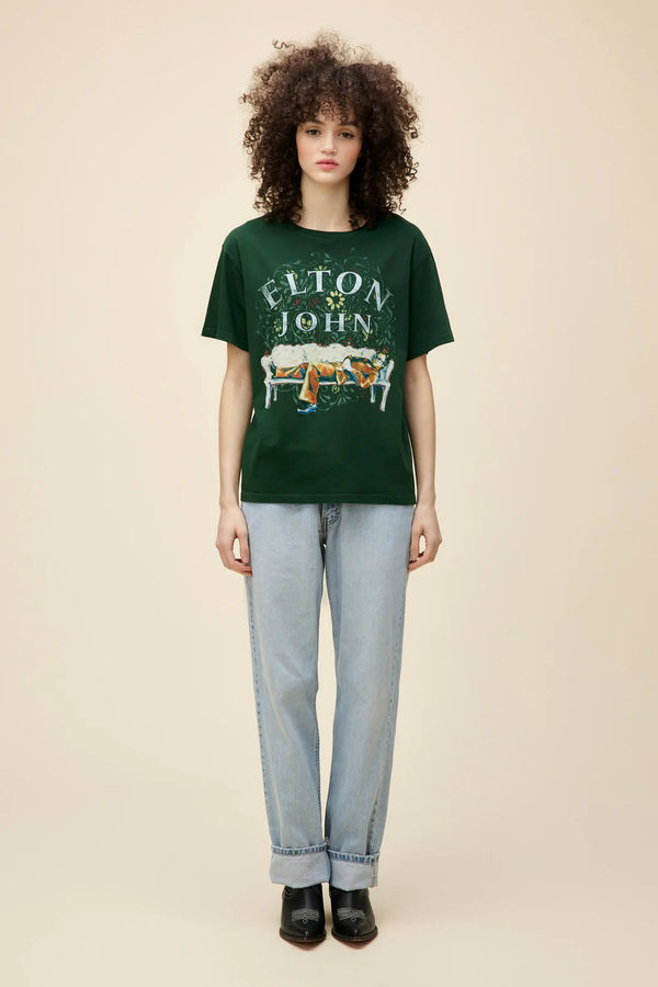 DAYDREAMER Elton John Floral Boyfriend Tee - Vintage Green