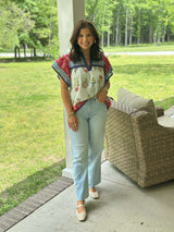 Flutter Sleeve Striped Flower Top