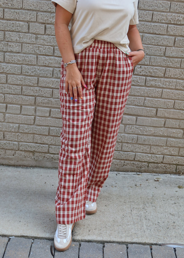 Cotton Plaid Pants - Rust/Taupe