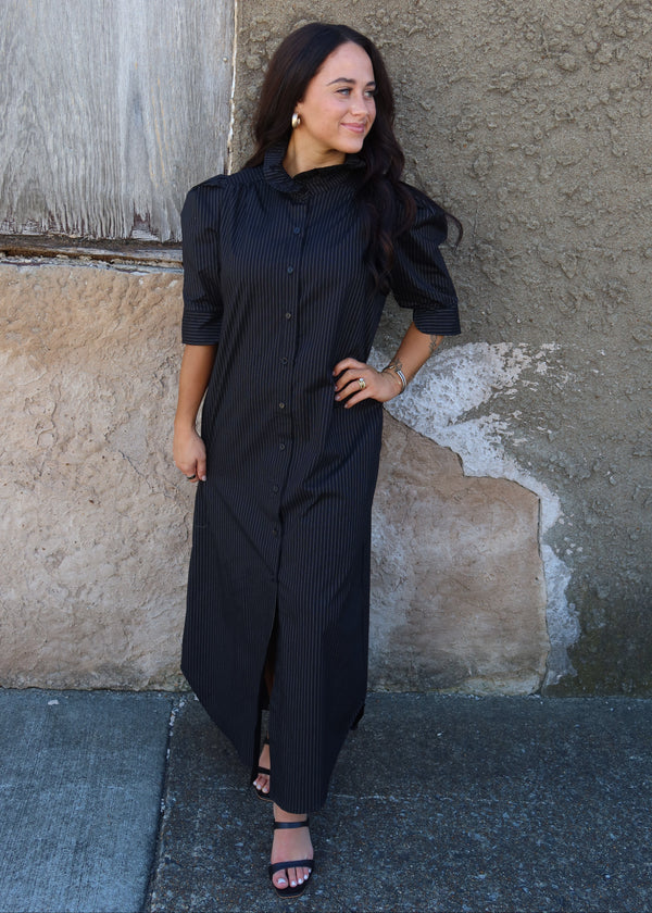 Nina Ruffle Collar Midi Shirt Dress - Black Pin Stripe