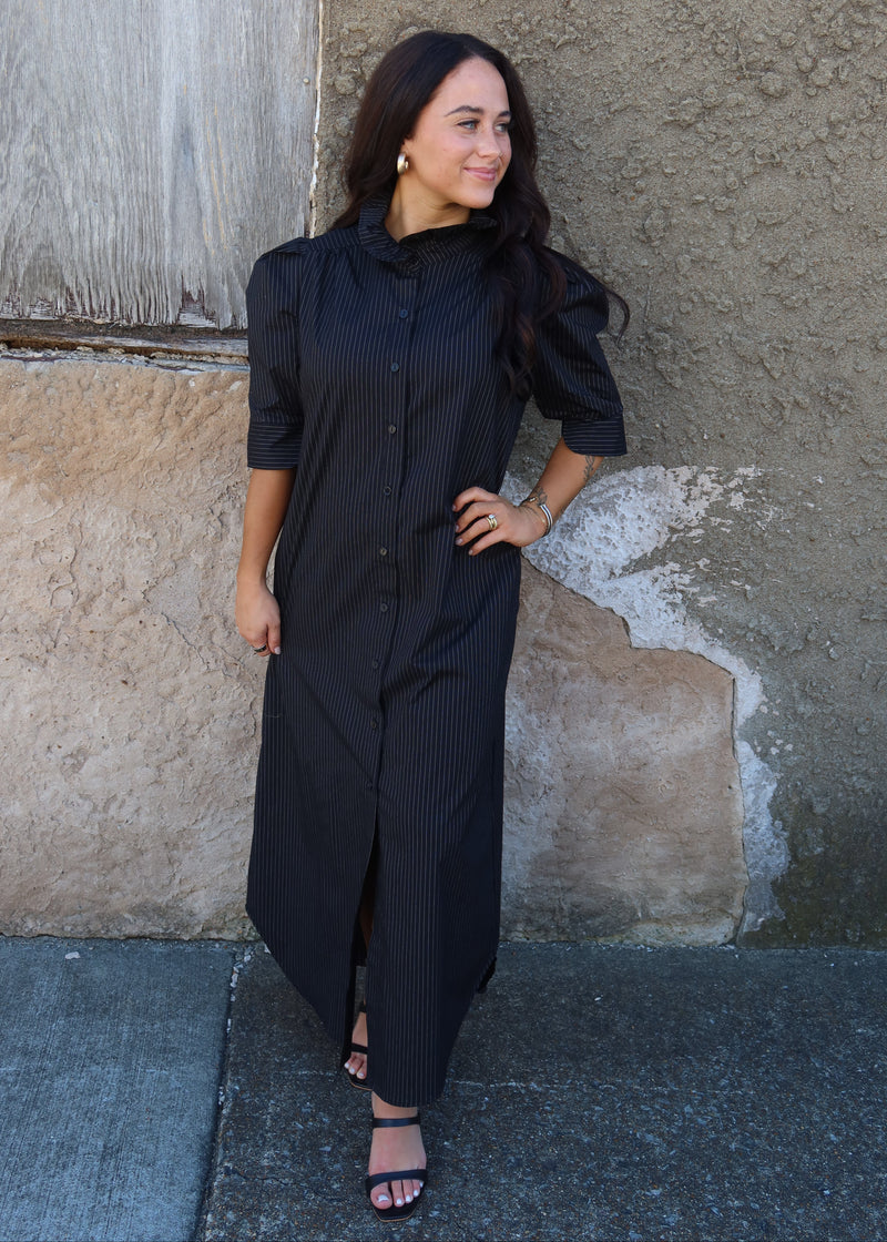 Nina Ruffle Collar Midi Shirt Dress - Black Pin Stripe