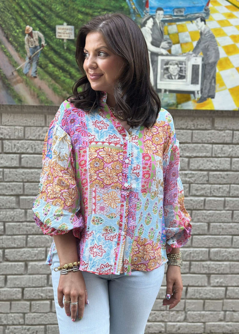 Patchwork Bubble Sleeve Blouse - Blue/Pink Multi