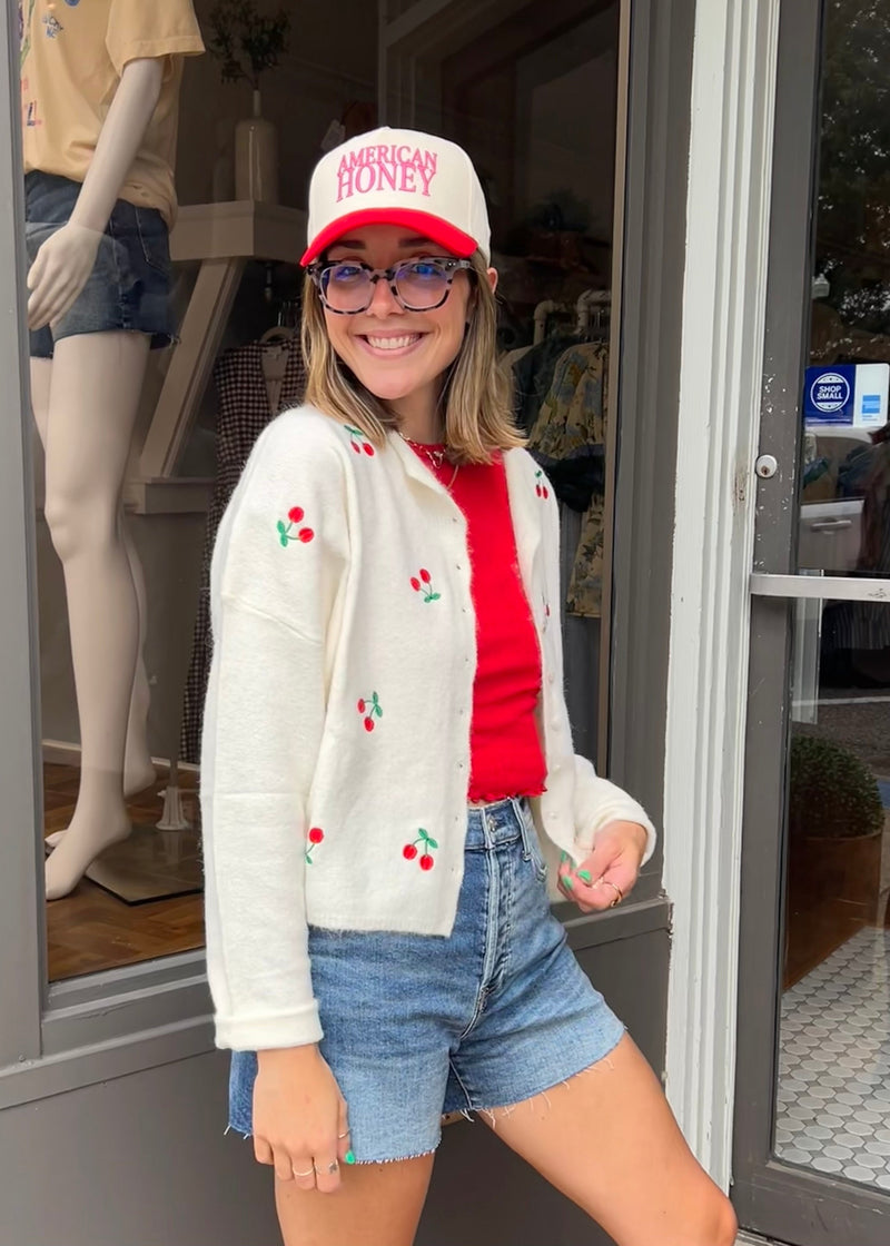 Piper Cherry Embroidered Cardigan - Ivory