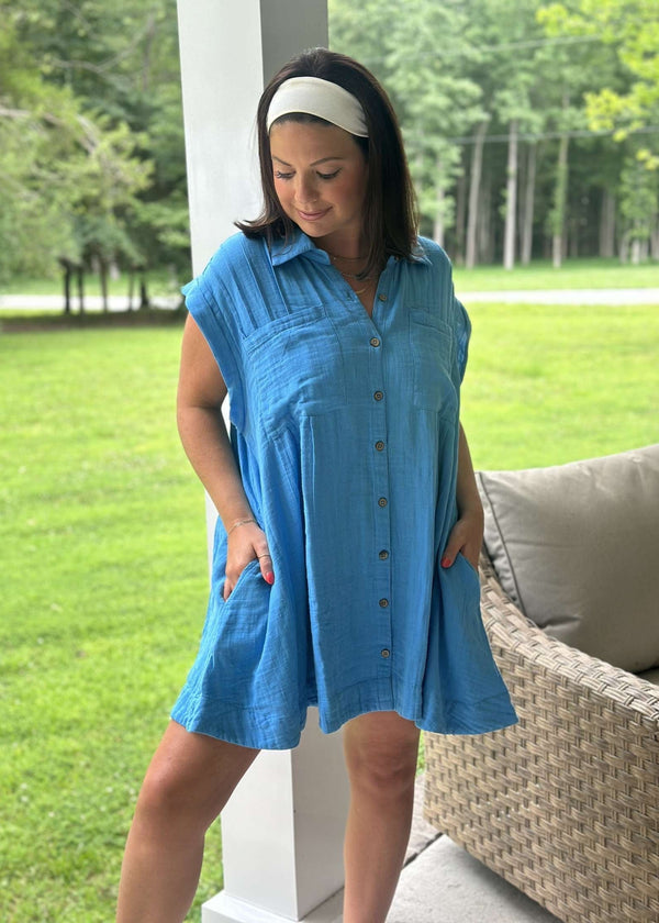 Elan | Sutton Oversized Button Down Dress - Sky Blue