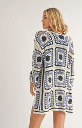 Donna Crochet Squares Sweater Cardigan - White Navy
