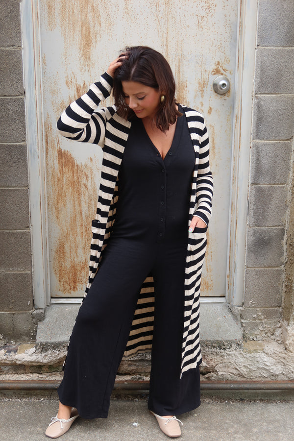 Soul Sisters Striped Rib Knit Long Cardigan - Black Ivory