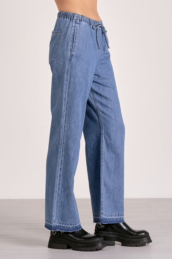 Chambray Drawstring Straight Leg Pant - Denim
