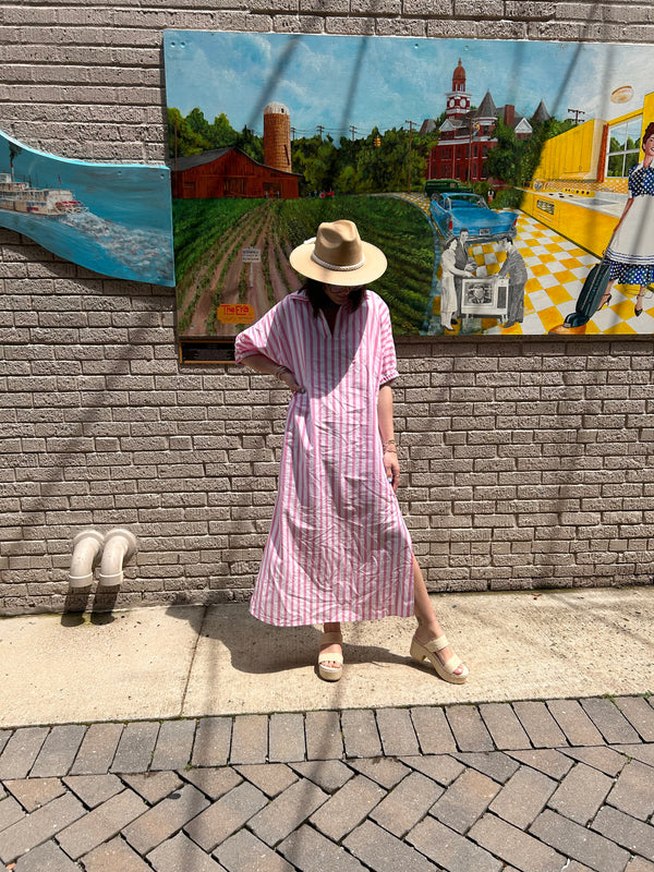 Blakely Stand Collar Midi Dress - Pink Ten Stripe