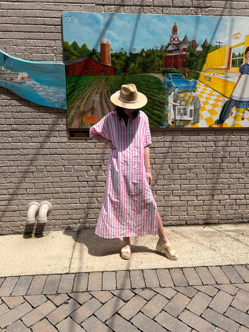 Blakely Stand Collar Midi Dress - Pink Ten Stripe