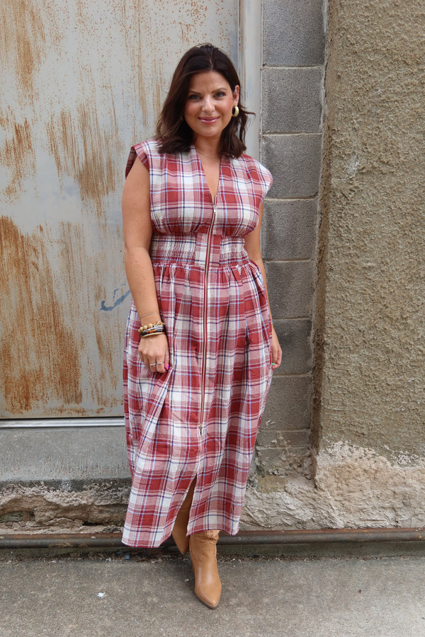 Lilly Gingham Midi Dress - Brick