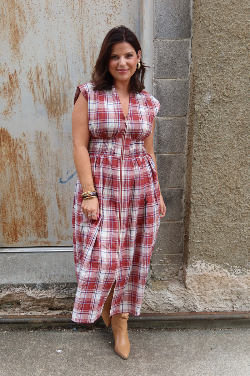 Lilly Gingham Midi Dress - Brick