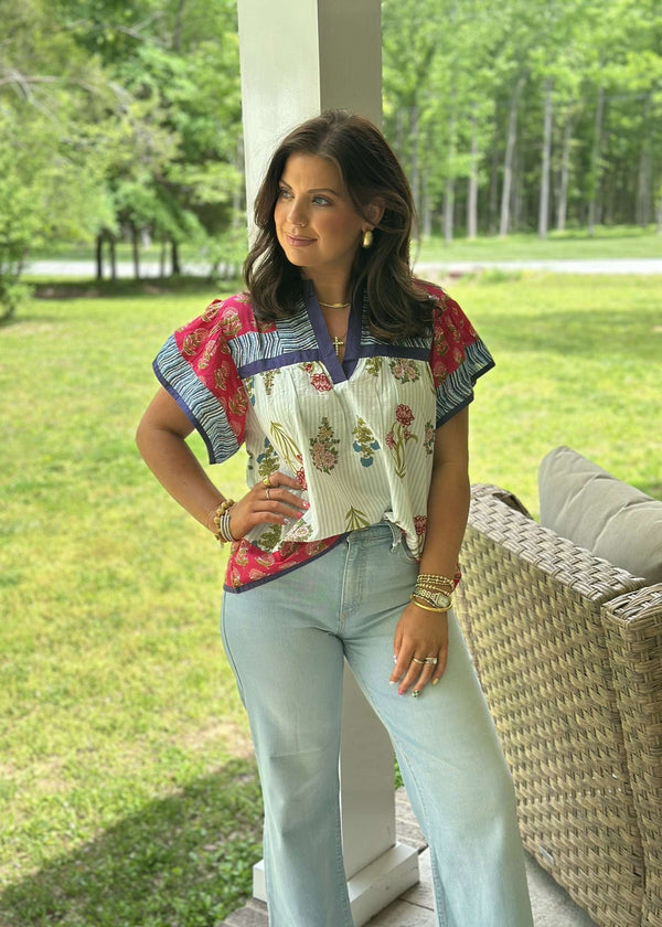 Flutter Sleeve Striped Flower Top