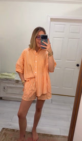 Adrienne | Arizona Oversized Button Up Top - Orangesickle Seer Gingham