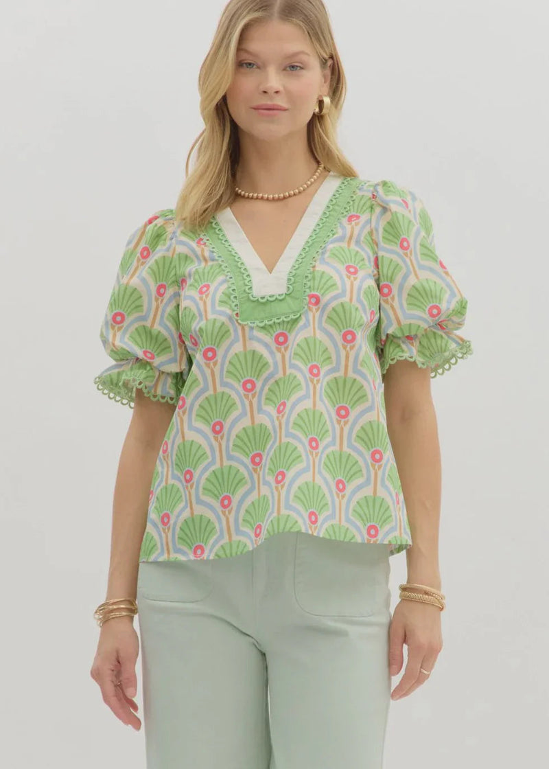 Sammi Printed Puff Sleeve Top - Green