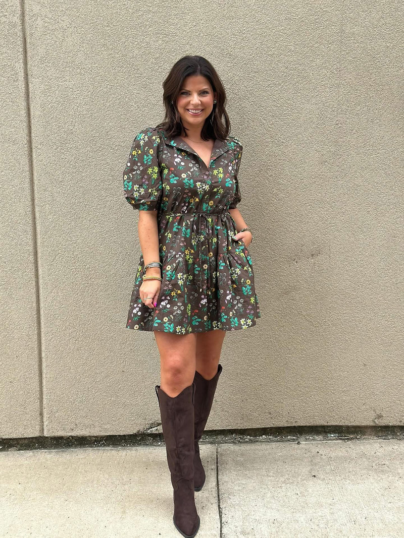 Fall in Bloom Mini Dress - Brown