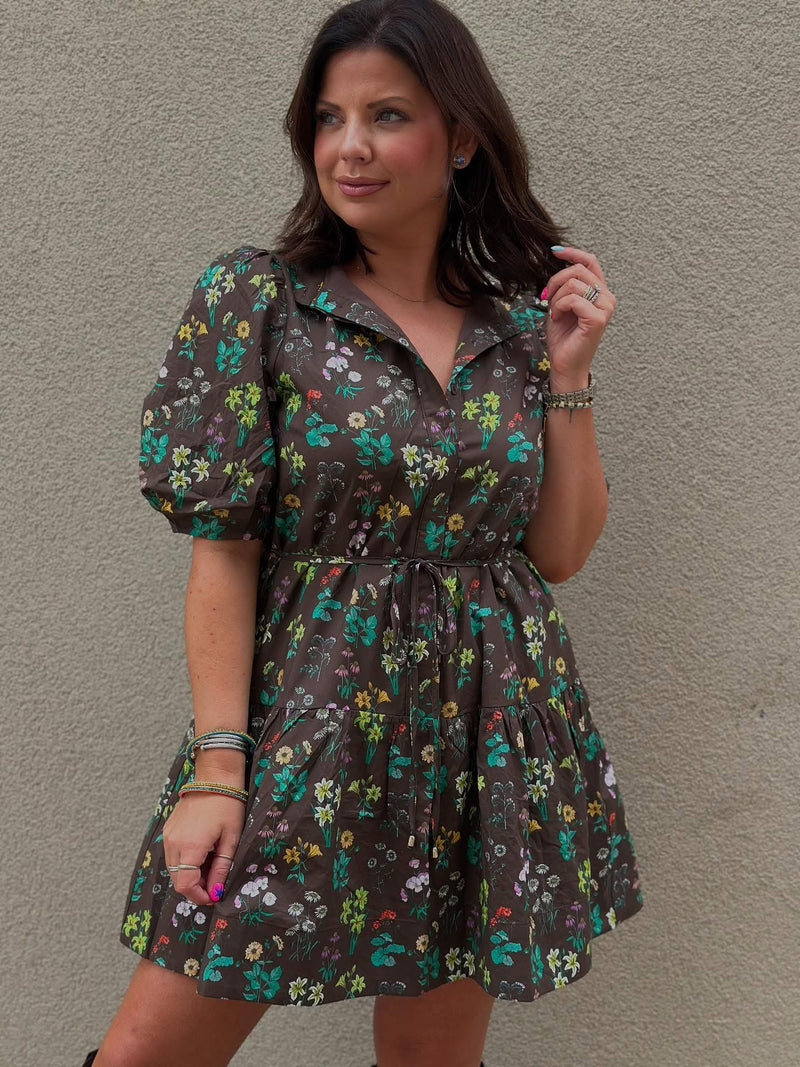 Fall in Bloom Mini Dress - Brown