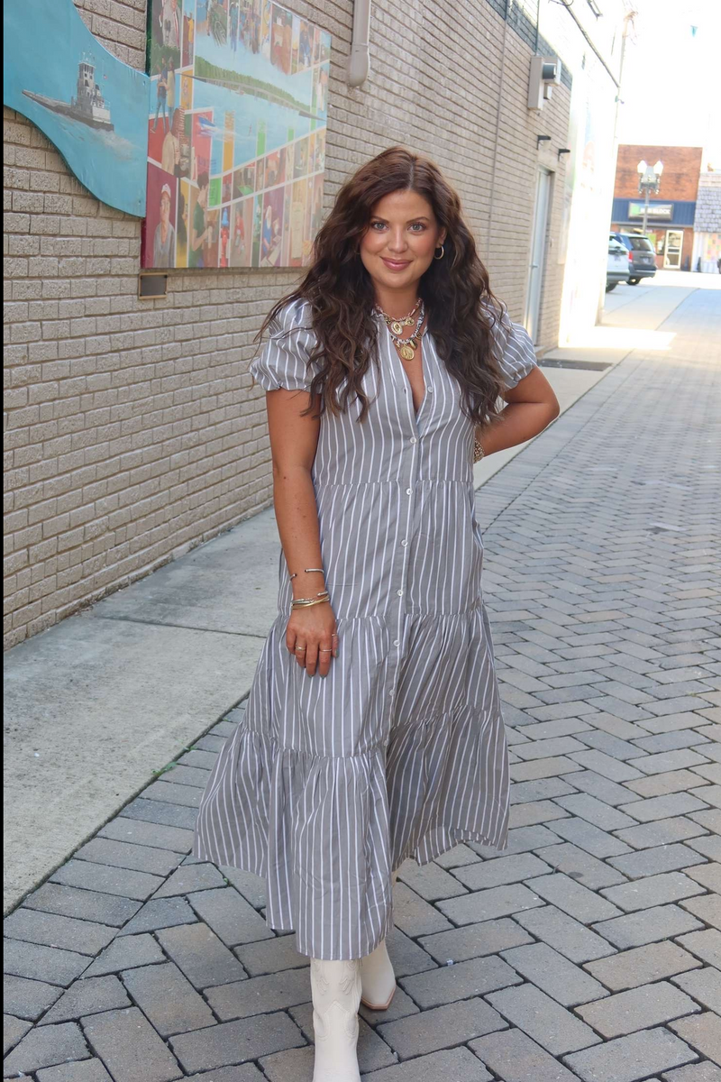 Jessi Shirt Dress - Grey and White Stripe