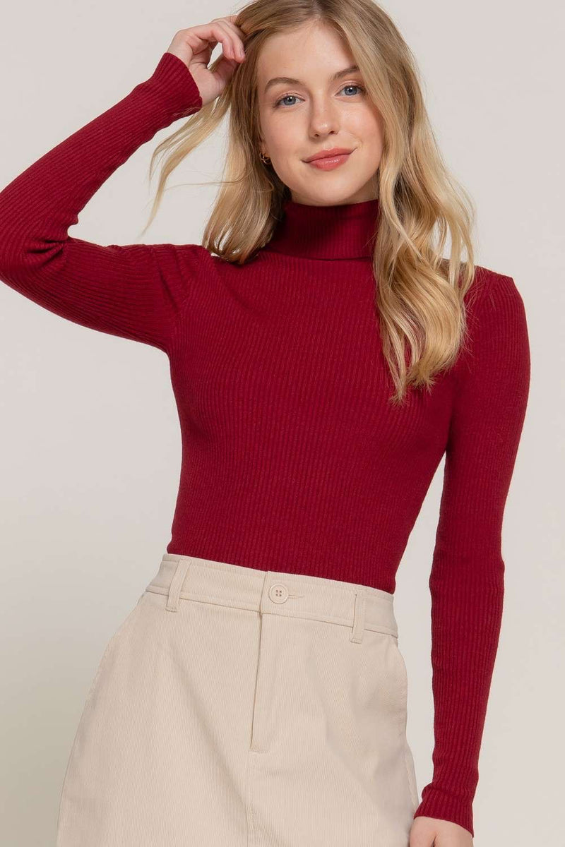 Essentials Rib Turtle Neck Top - Wine