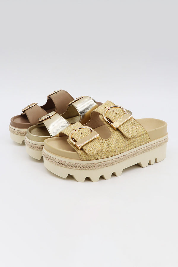 Ivy Platform Buckle Slides Natural Raffia