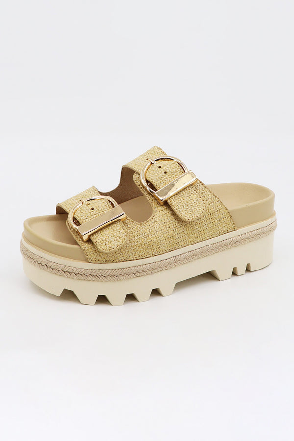 Ivy Platform Buckle Slides Natural Raffia