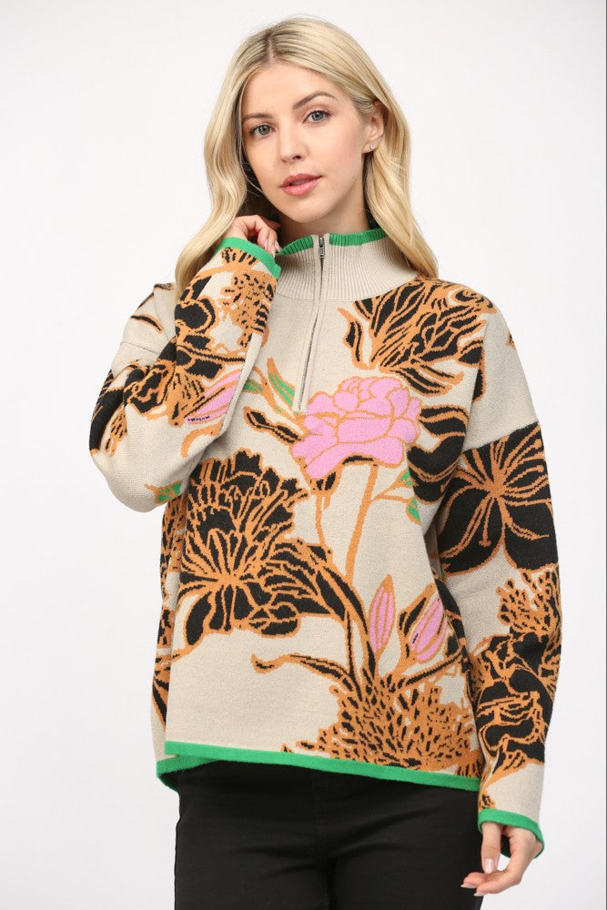 Bella Floral Jacquard Half Zip Sweater