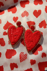 Large Beaded Heart Earrings - Red