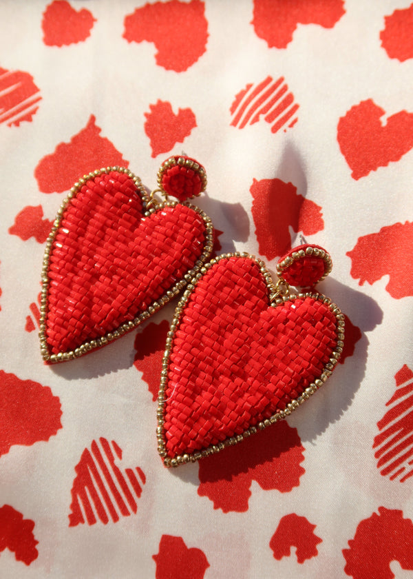 Large Beaded Heart Earrings - Red