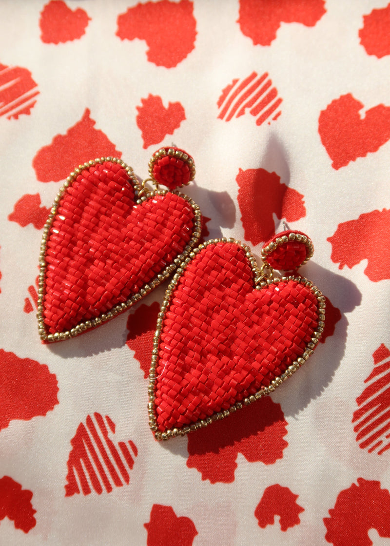 Large Beaded Heart Earrings - Red