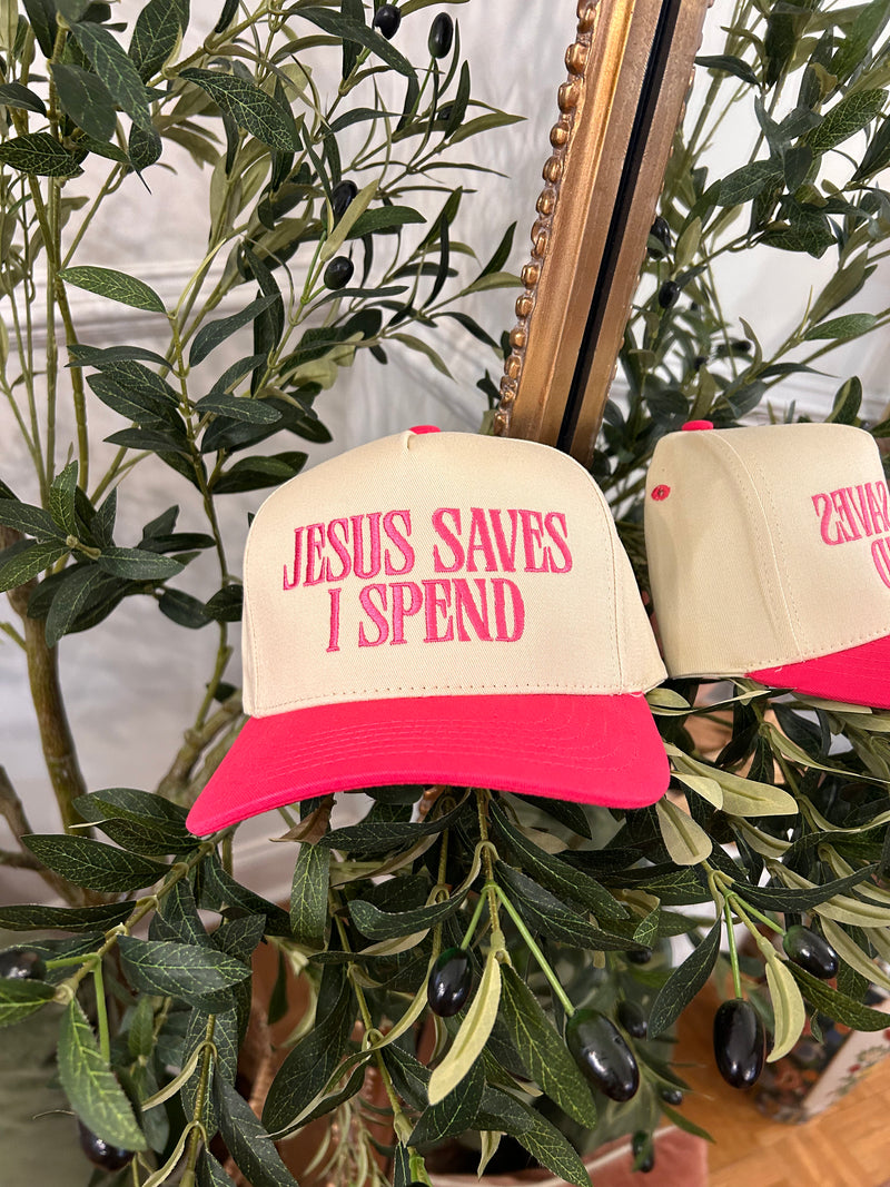 Jesus Saves I Spend Hat- Hot Pink