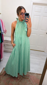 Julia Tie Neck Maxi Dress - Green Apple Gingham
