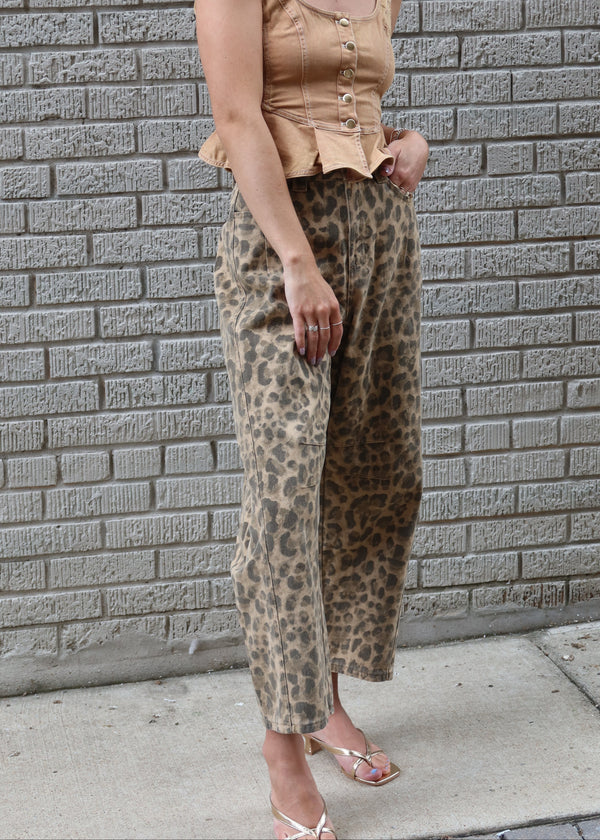 Leopard Barrel Pants - Brown
