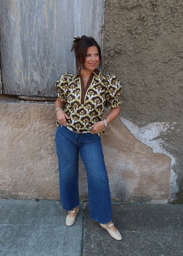 Abstract Floral Blouse - Brown