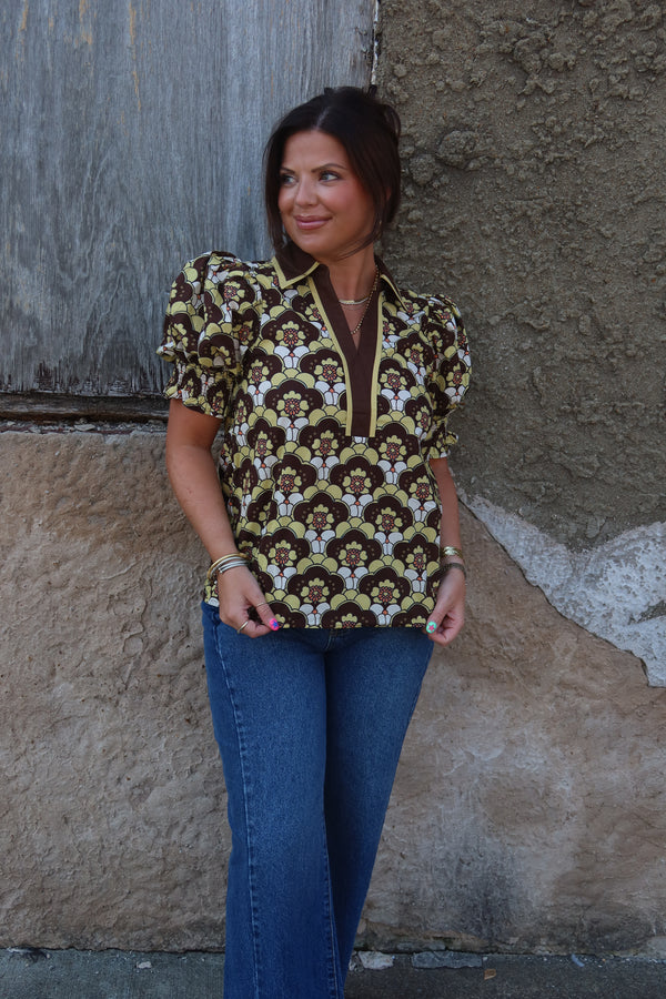 Abstract Floral Blouse - Brown