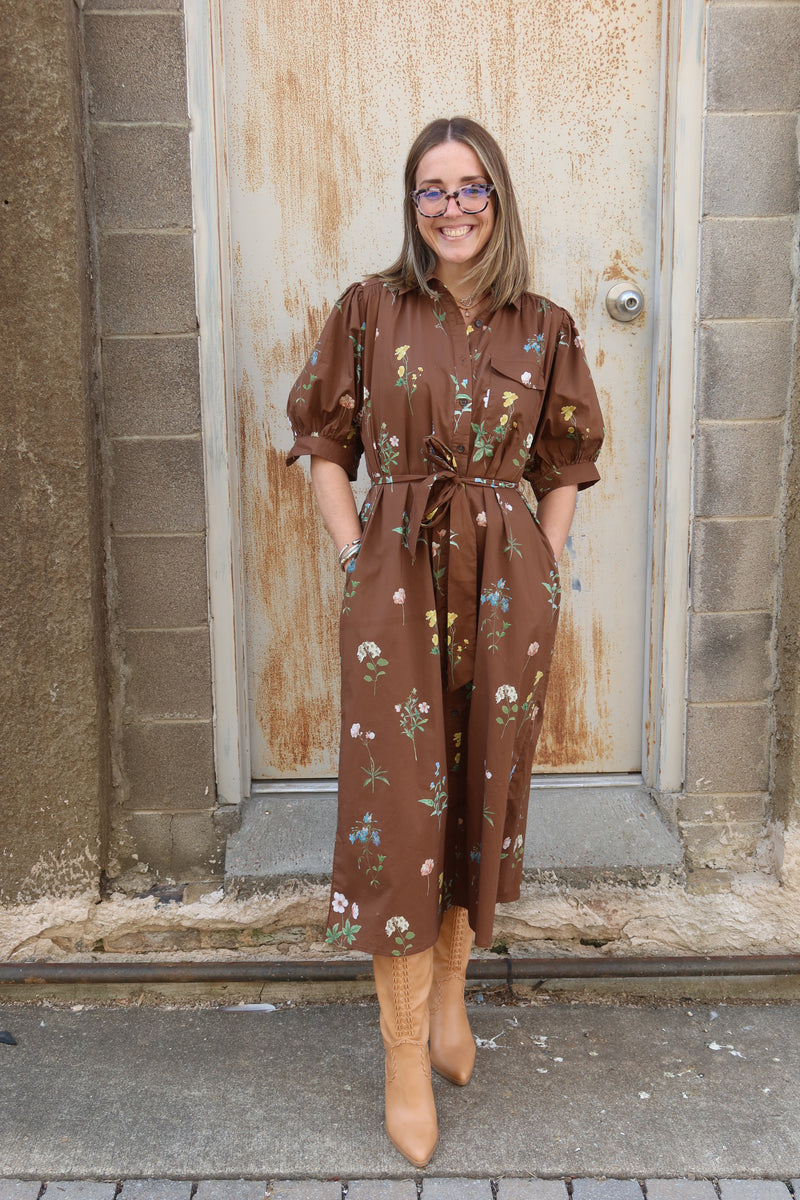 Nova Floral Midi Dress - Brown